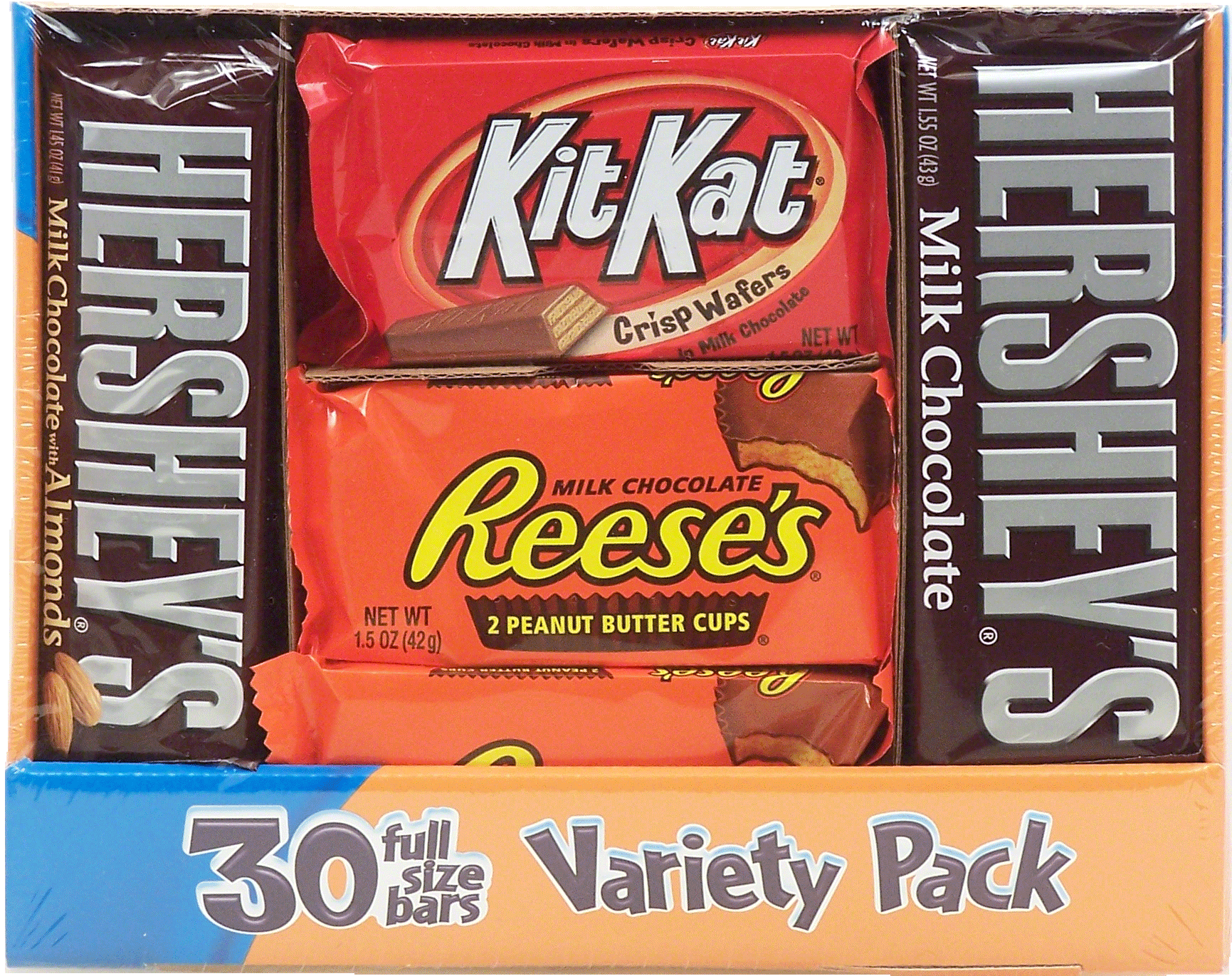 Hershey's  6-kit kat, 7-hershey milk chocolate, 7 hershey almonds, 10-reeses's full size candy bars Full-Size Picture